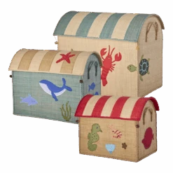Raffia Storage House - Natural - Ocean Theme - Set Of 3(Raffia Storage House Natural Ocean Theme Set Of 3)