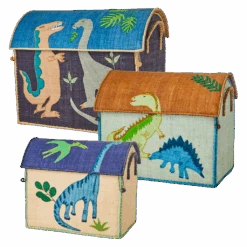 Raffia Storage Baskets With Dinosaur Theme - Set Of 3 -(Raffia Storage Baskets With Dinosaur Theme Set Of 3)