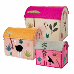 Raffia Storage Baskets With Jungle Pink Theme - Set Of Three(Raffia Storage Baskets With Jungle Pink Theme Set Of Three)