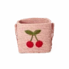 Square Raffia Basket - Pink - Big Cherry Design(Small Square Raffia Basket Pink Big Cherry Design)