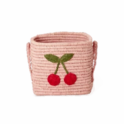 Square Raffia Basket - Pink - Big Cherry Design(Small Square Raffia Basket Pink Big Cherry Design)