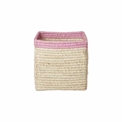 Small Square Raffia Storage Basket With A Pink Top(Small Square Raffia Storage Basket With A Pink Top)
