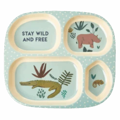 Melamine 4 Room Kids Plate | Blue Jungle Animals Print(Melamine Kids 4 Room Plate With Blue Jungle Animal Print)