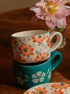 Ceramic Cappuccino Cup With Hand Painted White Flowers Vine - 6.7 Oz(Ceramic Cappuccino Cup With Hand Painted White Flowers Vine 6 7 Oz) -Rice By Rice LE LE CECUP HPCAFLO 1