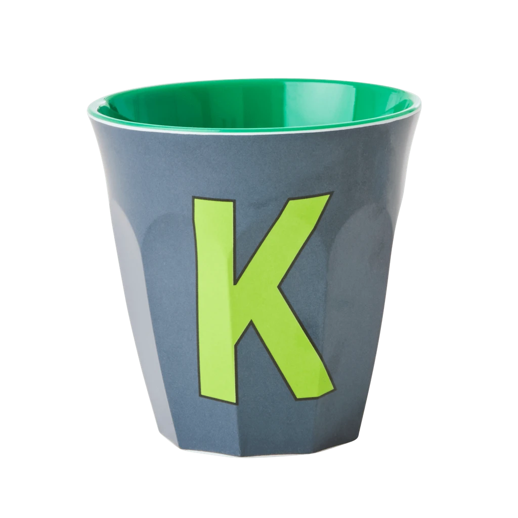 Melamine Cup - Medium With Alphabet In Bluish Colors | Letter K(Melamine Cup Medium With Alphabet In Dark Grey Letter K) 1 Melamine Cup - Medium With Alphabet In Bluish Colors | Letter K(Melamine Cup Medium With Alphabet In Dark Grey Letter K)
